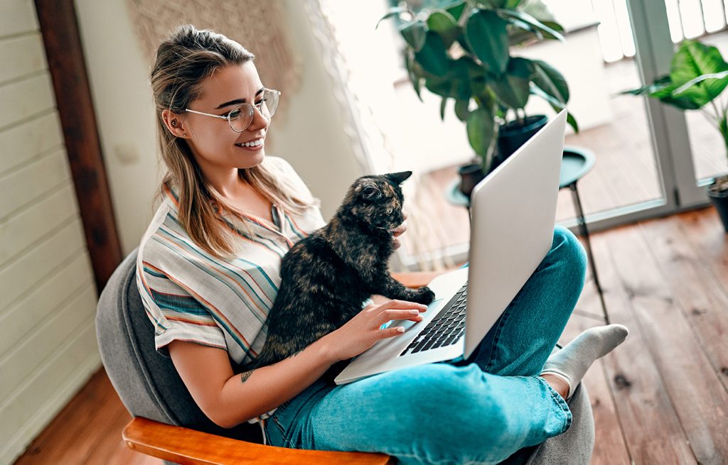 An attractive young woman in glasses is working on a laptop while sitting cross-legged in a comfortable chair at home with a funny assistant cat on her legs.