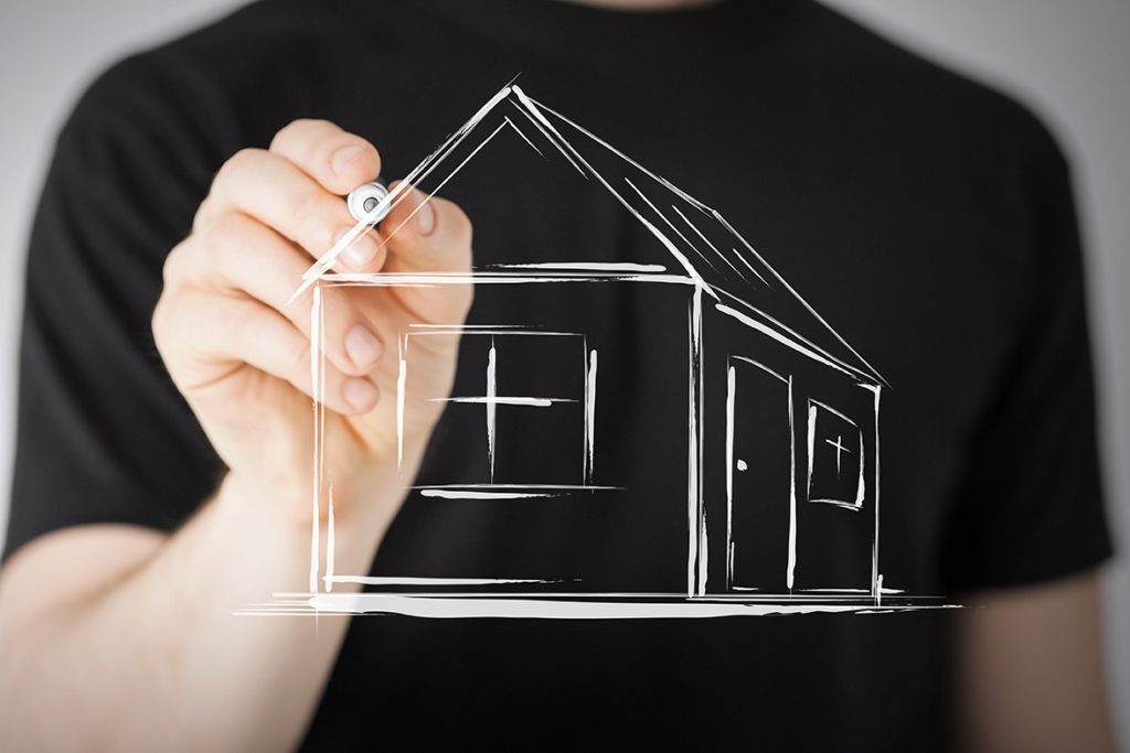 real estate, technology and accomodation - picture of man drawing a house on virtual screen