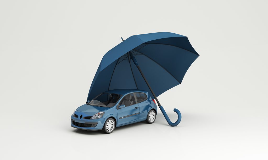 Car protection and safety assurance concept, car insurance web banner design. small blue automobile hatchback under the blue umbrella isolated on white background. realistic 3d render